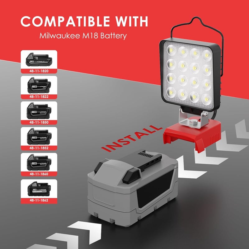 wokelux 2 حزمة من مصابيح العمل LED لبطارية Milwaukee M18 18V، مصباح عمل LED محمول مطور بقوة 76 واط و10000 لومن مع منفذ شحن USB وType-C، إضاءة خارجية (البطارية غير مدرجة) - Image 3